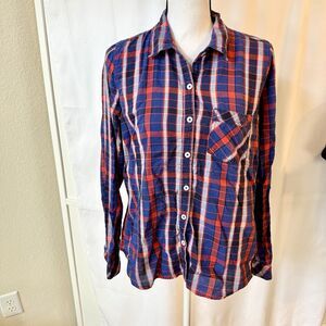 Forever 21+ Plus Size XL Plaid Button Up Front Shirt Long Sleeve Red Blue Cotton